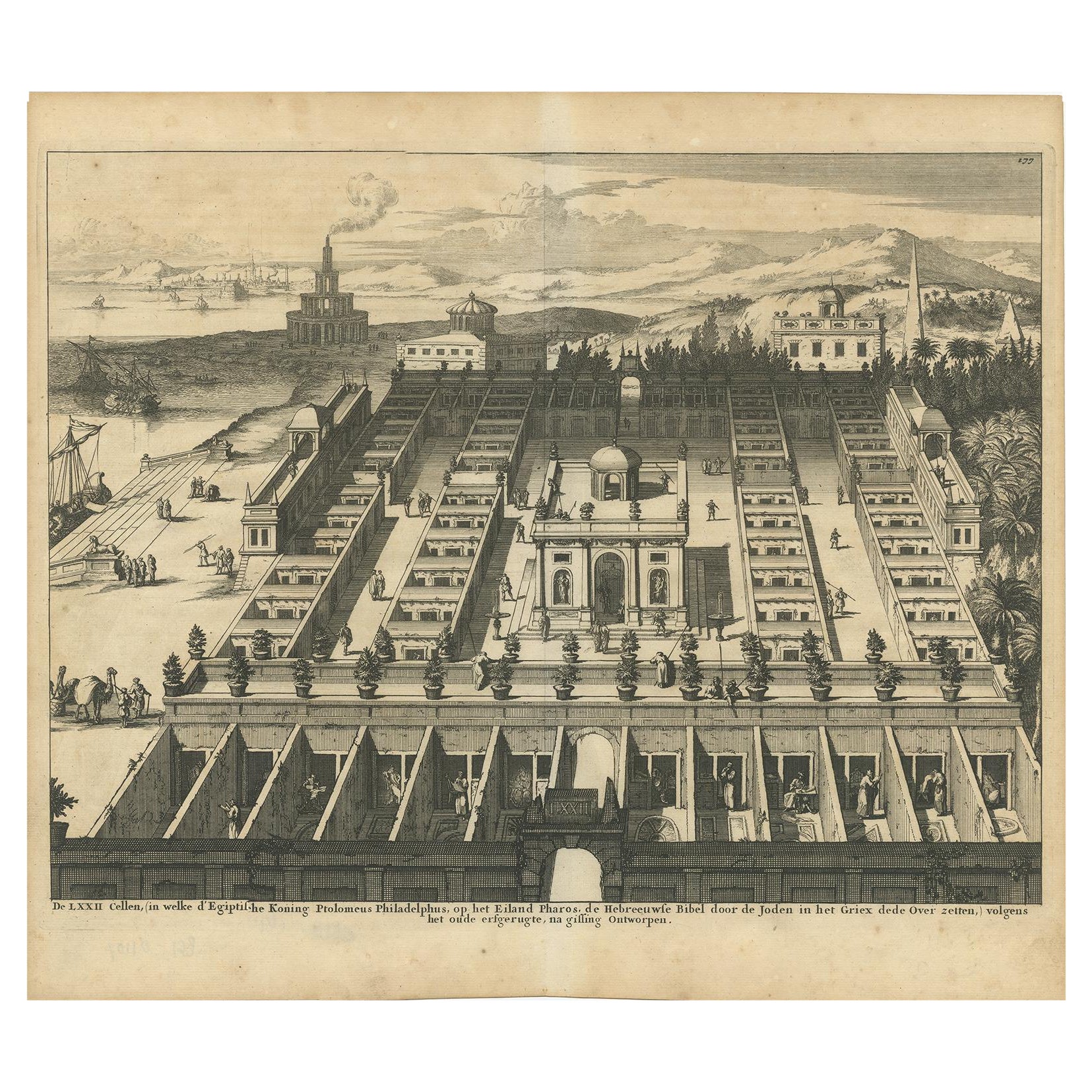 Impression ancienne des cellules sur l'île de Pharos, 1690