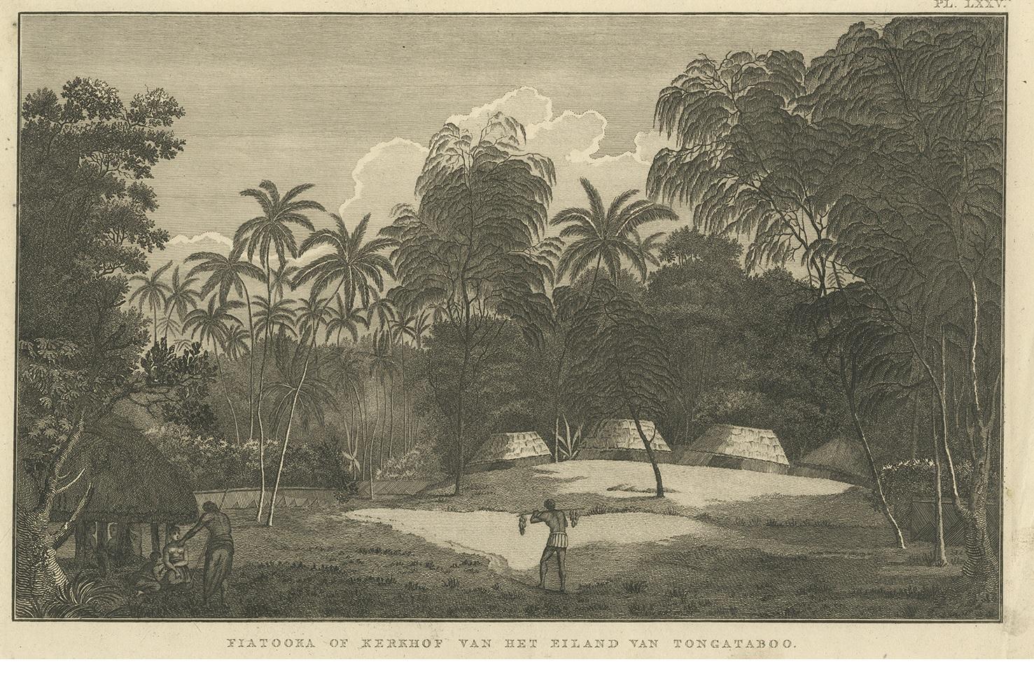 Antique print titled 'Fiatooka of Kerkhof van het Eiland van Tongataboo'. This print depicts a cemetery on the Island of Tongatapu. Originates from 'Reizen rondom de Waereld' by J. Cook.