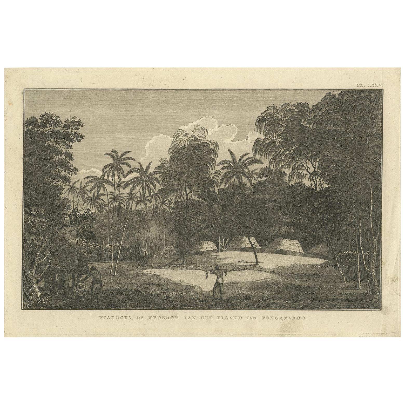 Antique Print of the Cemetery on the Island Tongatapu by Cook, circa 1801