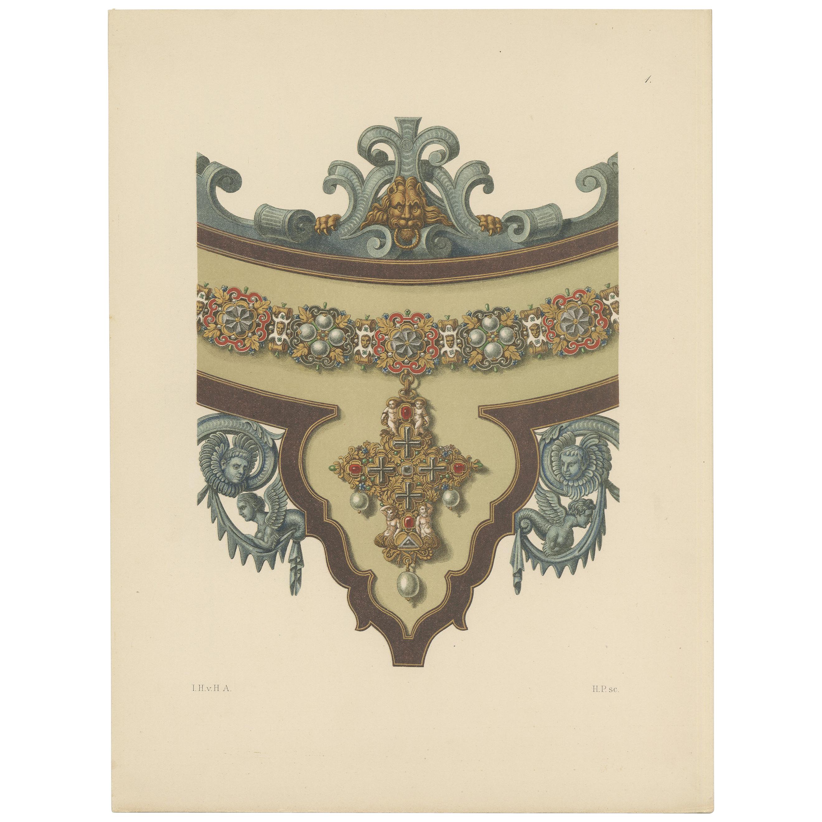 Antique Print of the Center of a Necklace by Hefner-Alteneck, 1890