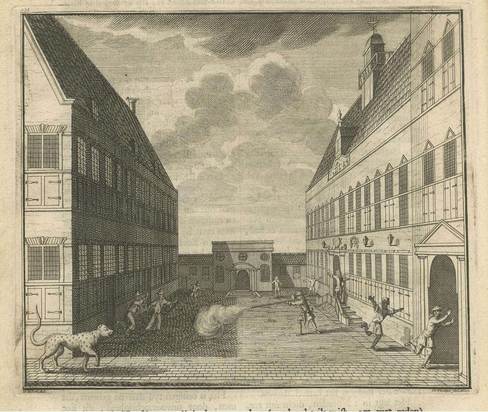 Antique print of the central court of Batavia Castle, Indonesia, a tiger or panther has entered the square. One man shoots a musket at the lion while others flee in panic. This print originates from 'Oud en Nieuw Oost-Indiën' by F. Valentijn.