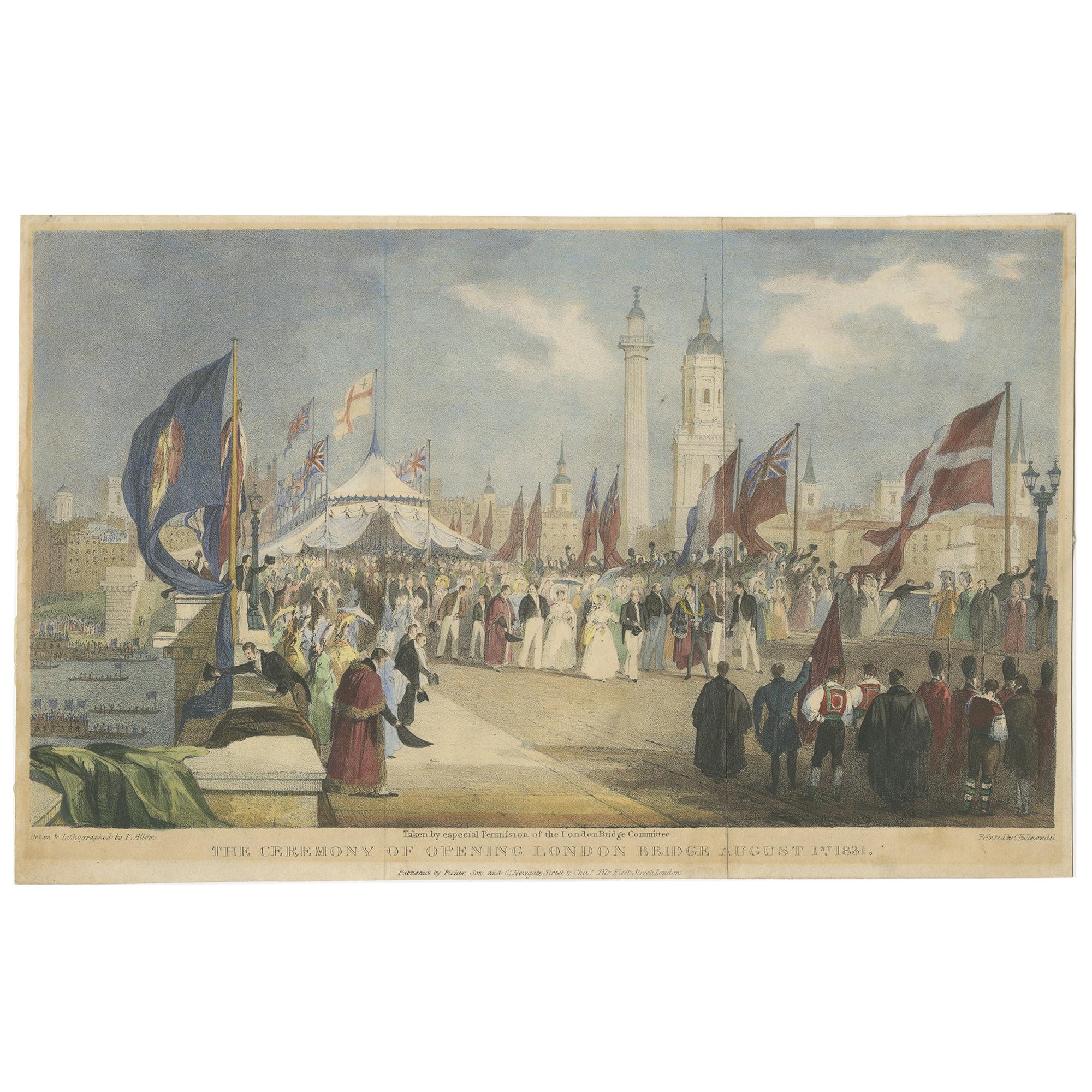Antiker antiker Druck der Zeremonie zur Eröffnung der Londoner Brücke von Hullmandel '1831'
