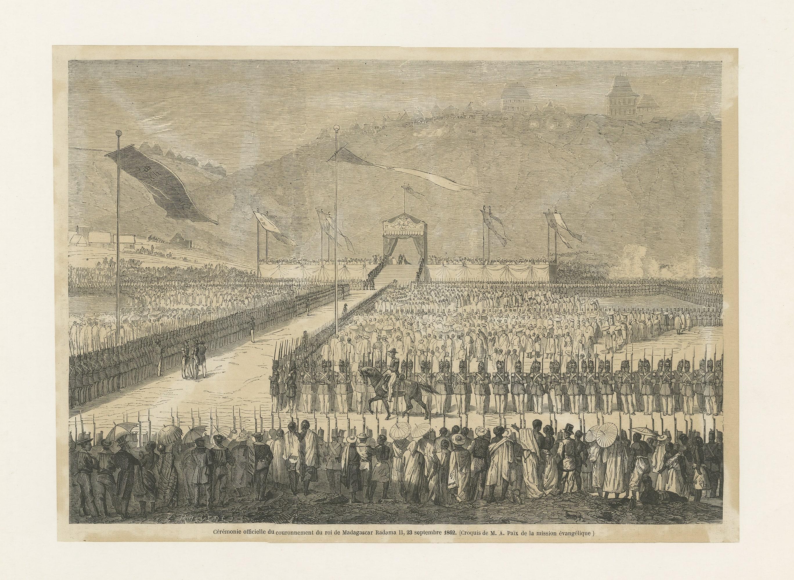 Antique print titled 'Cérémonie officielle du couronnement du roi de Madagascar Radama II, 23 septembre 1862. (Croquis de M.A. Païx de la mission évangélique). It shows the official ceremony of the coronation of the King of Madagascar. This print