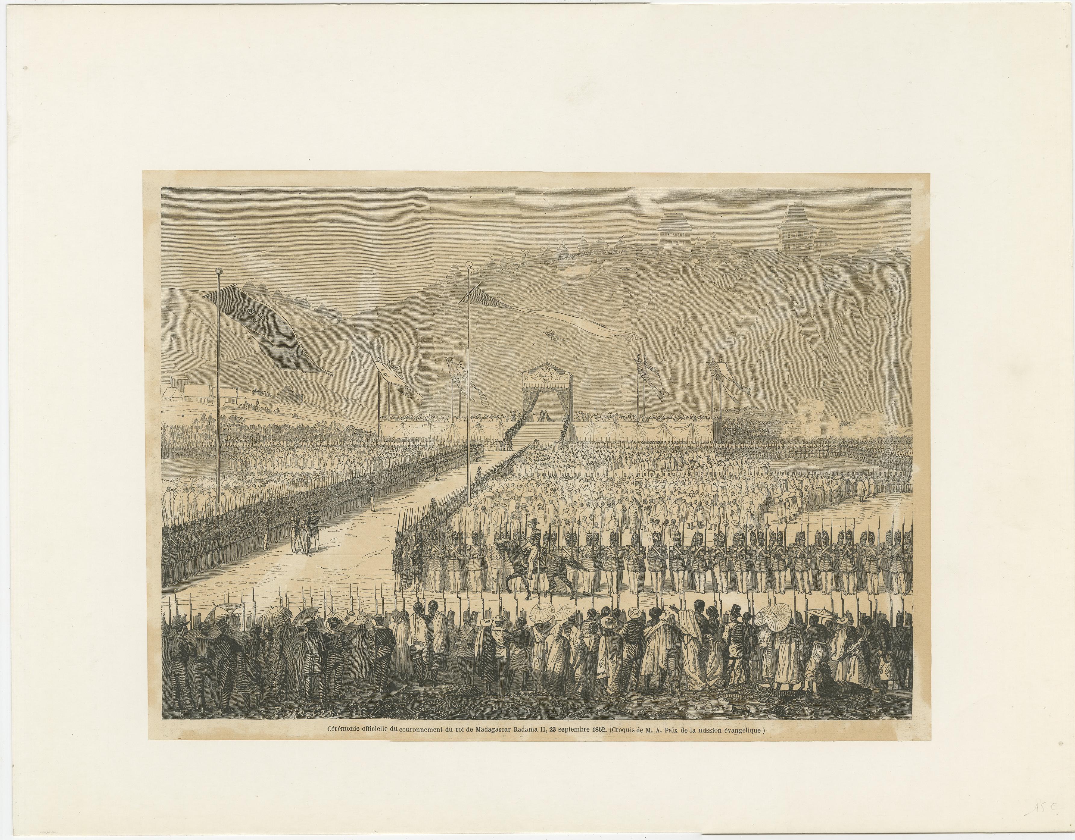 Antique Print of the Ceremony of the Coronation of the King of Madagascar In Fair Condition For Sale In Langweer, NL