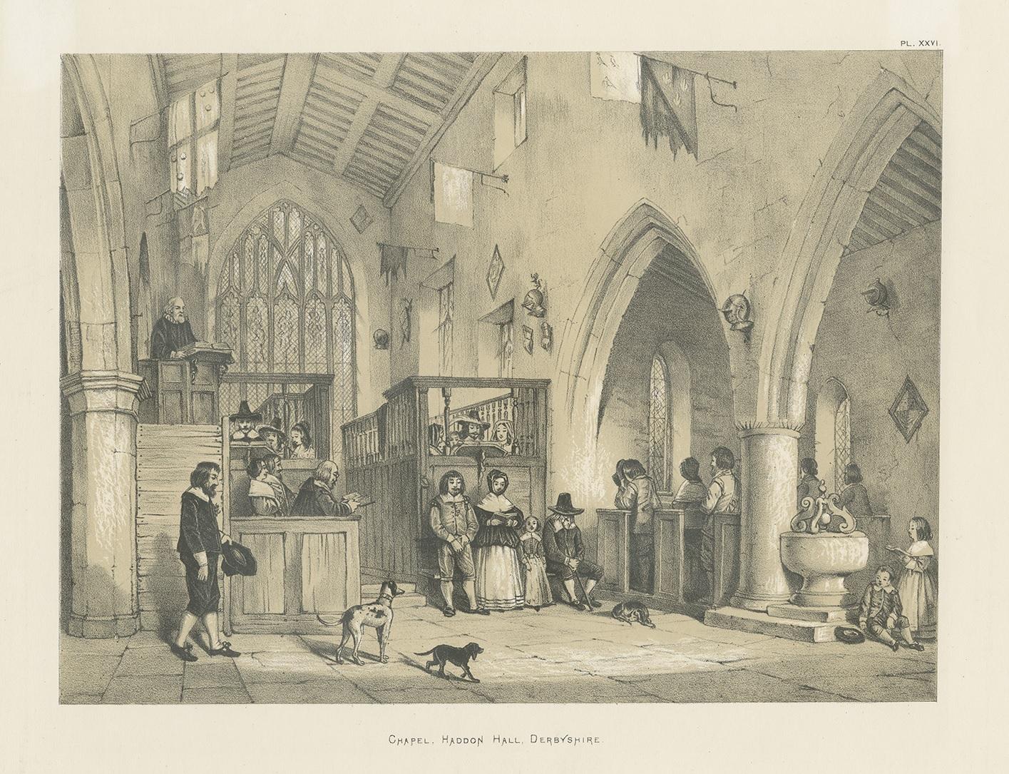 Antique print titled 'Chapel. Haddon Hall. Derbyshire'. Lithograph of the chapel of Haddon Hall. Haddon Hall is an English country house on the River Wye near Bakewell, Derbyshire, a former seat of the Dukes of Rutland. This print originates from