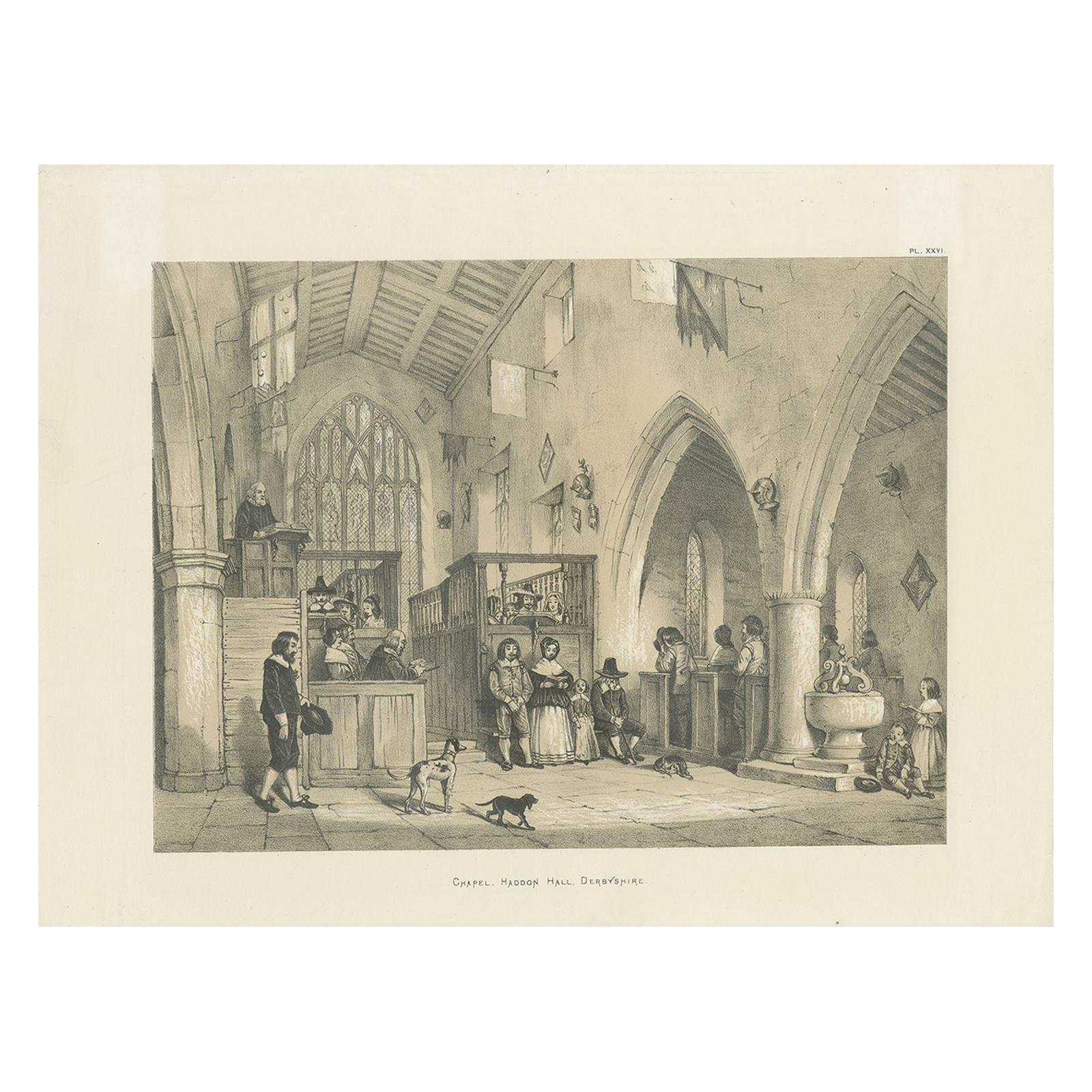 Antique Print of the Chapel of Haddon Hall by Nash, circa 1870 For Sale