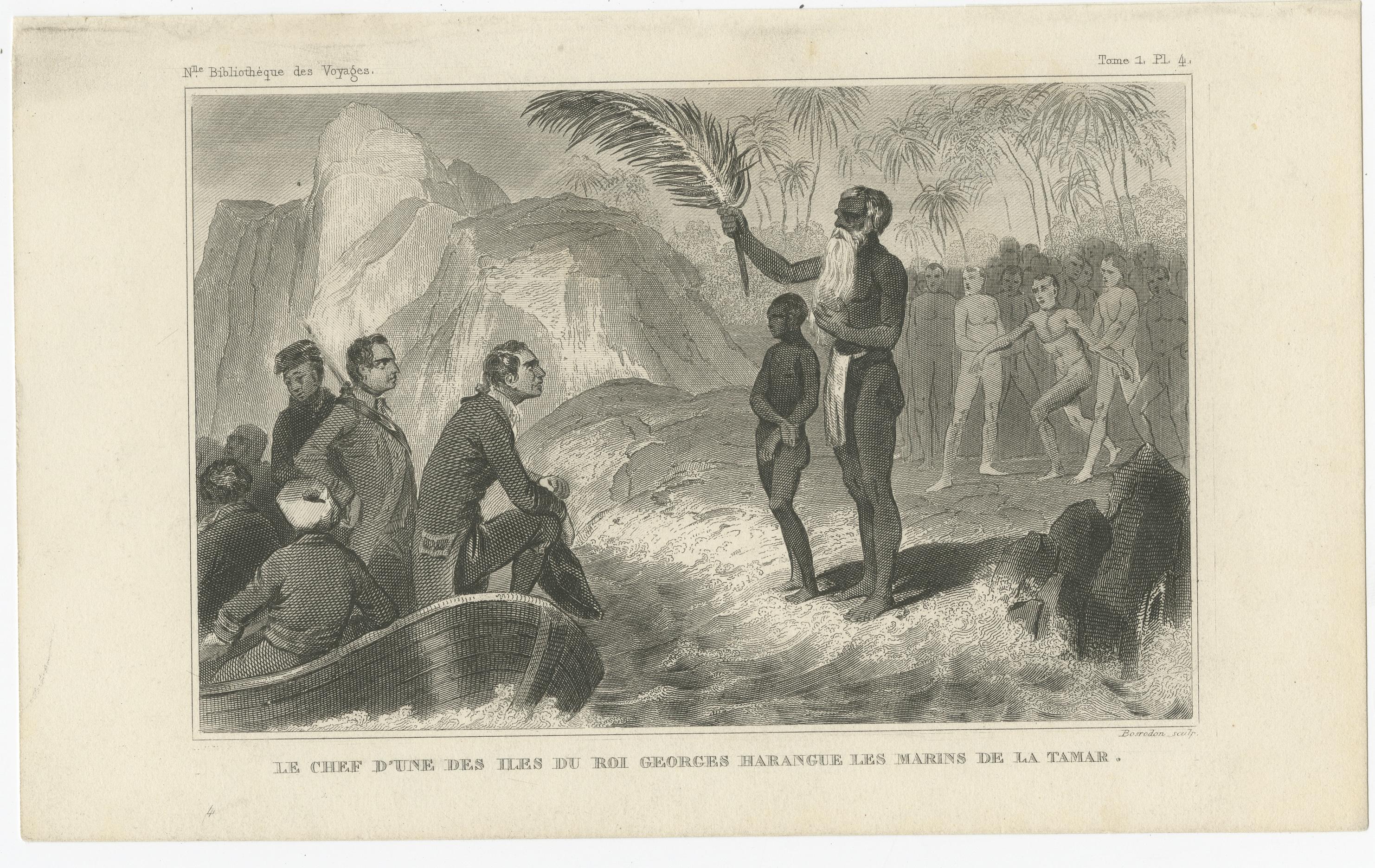 Antique print titled 'Le Chef d'une des Iles du Roi Georges Harangue les Marins de la Tamar'. This print illustrates the chief of one of the King George Islands, a subgroup of the Tuamotus Archipelago group in French Polynesia. Originates from