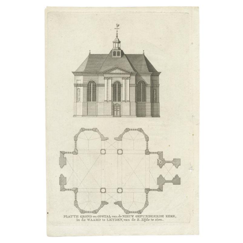 Antiker antiker Druck der Kirche von Leiden von Van Mieris, 1784