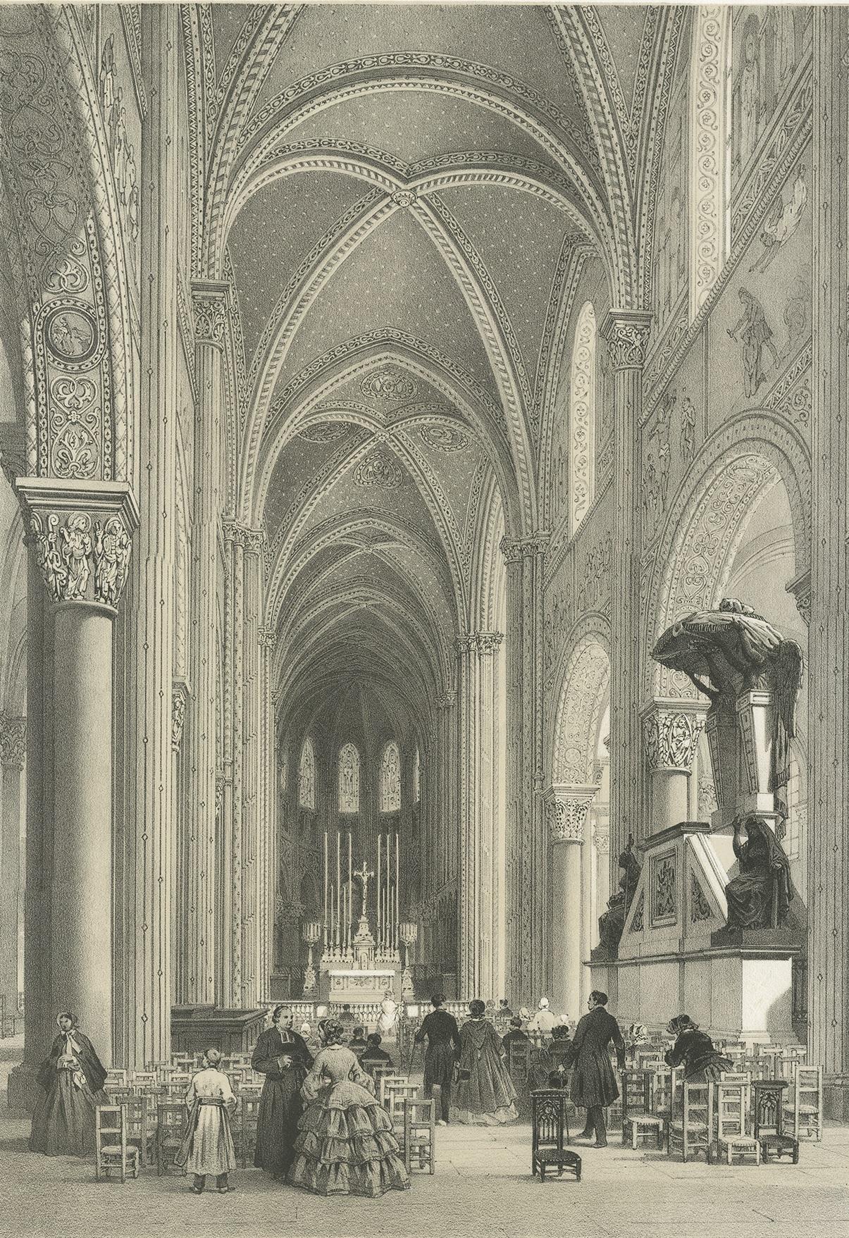 Impression ancienne de l'église de Saint-Germain-des-Prés par Benoist, 1863 État moyen - En vente à Langweer, NL