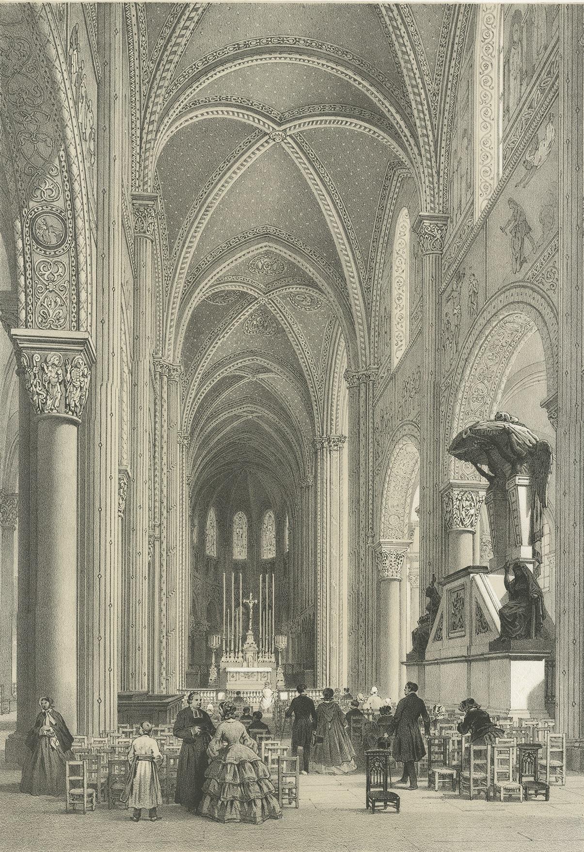 19th Century Antique Print of the Church of Saint-Germain-des-Prés by Benoist, 1863 For Sale