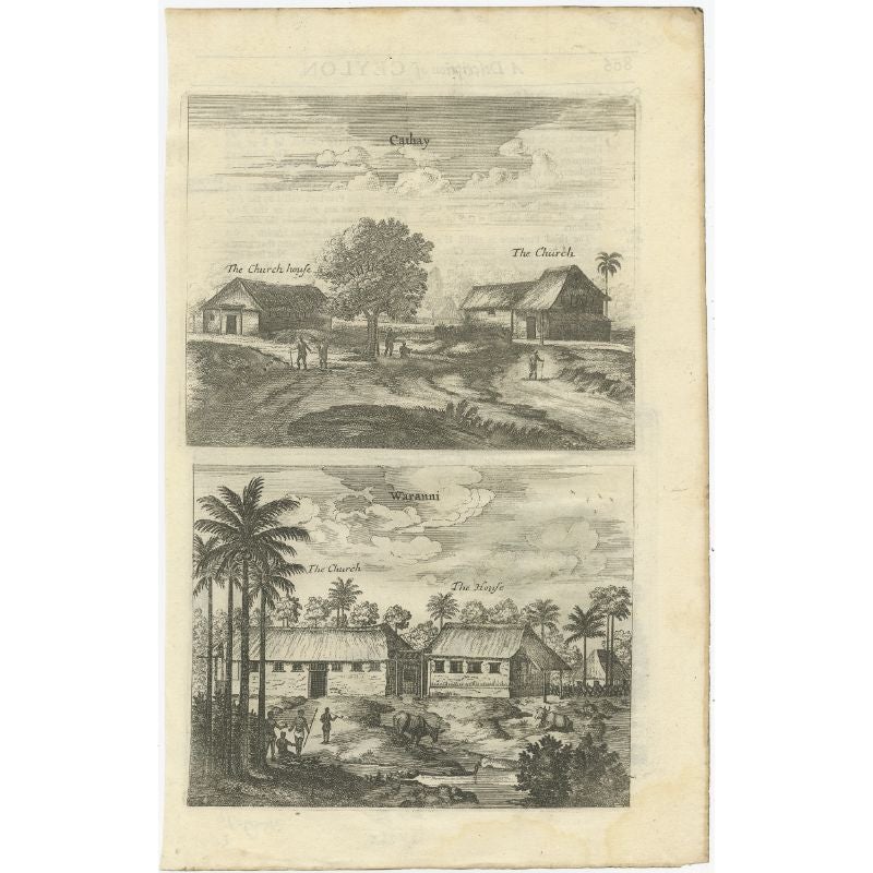 Antique print titled 'Cathay, Waranni'. Copper engraving of the churches of Cathay and Waranni, Sri Lanka (Ceylon). This print originates from 'A true and exact description of the most celebrated East-India coasts of Malabar and Coromandel; as also