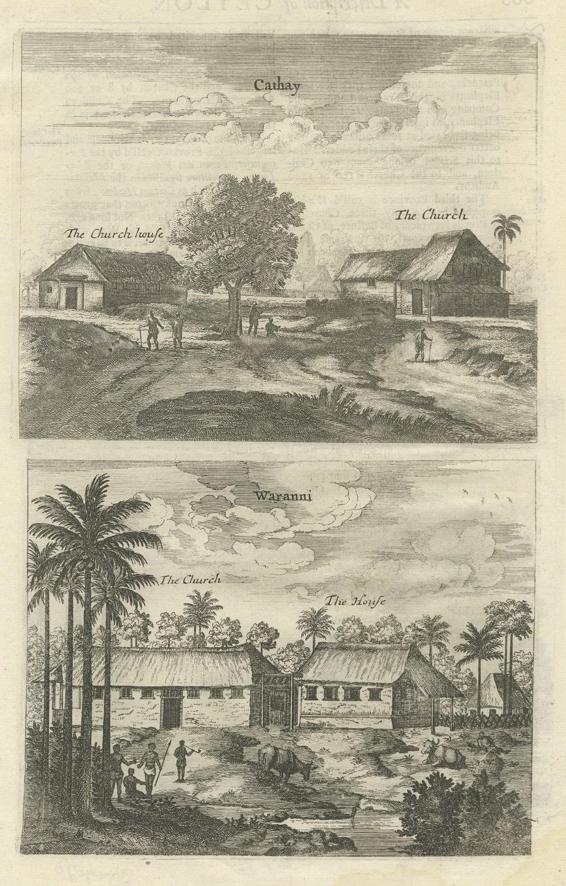 Paper Antique Print of the Churches of Cathay and Waranni in Ceylon 'Sri Lanka', 1703 For Sale