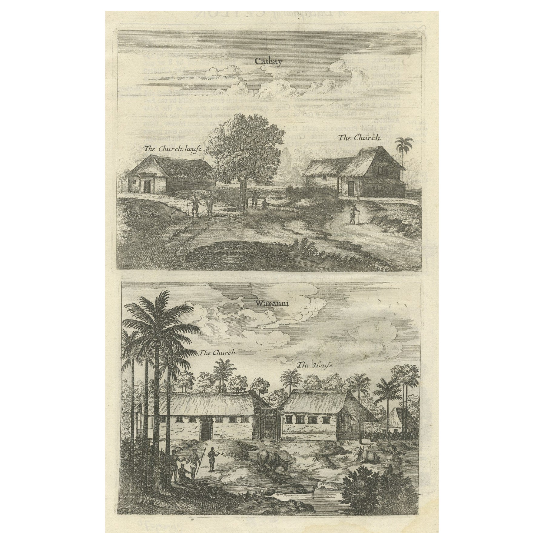 Impression ancienne des églises de Cathay et Waranni à Ceylan « Sri Lanka », 1703