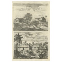 Impression ancienne des églises de Cathay et Waranni à Ceylan « Sri Lanka », 1703