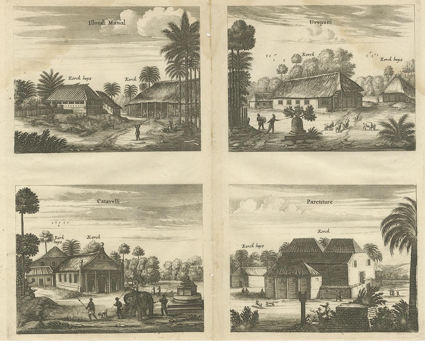 Antique print titled 'Illondi Matual, Ureputti, Catavelli, Paretiture'. Antique print with four views of the churches of Ilondi Matual, Ureputti, Catavelli and Paretiture (Ceylon/Sri Lanka). The plate originates from the work 'Naauwkeurige