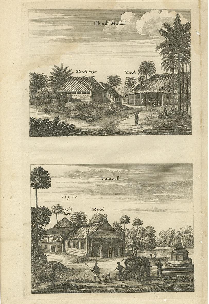 Néerlandais Impression ancienne des églises d'Ilondi Matual, Ureputti, Catavelli et Paretitu en vente