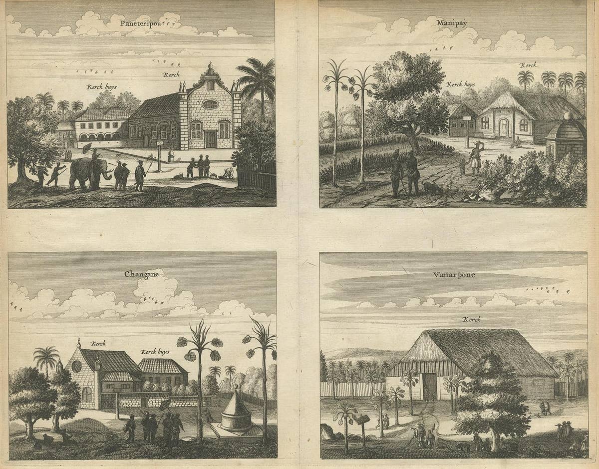 Antique Print of the Churches of Paneteripoum, Manipay, Changane and Vanarpone