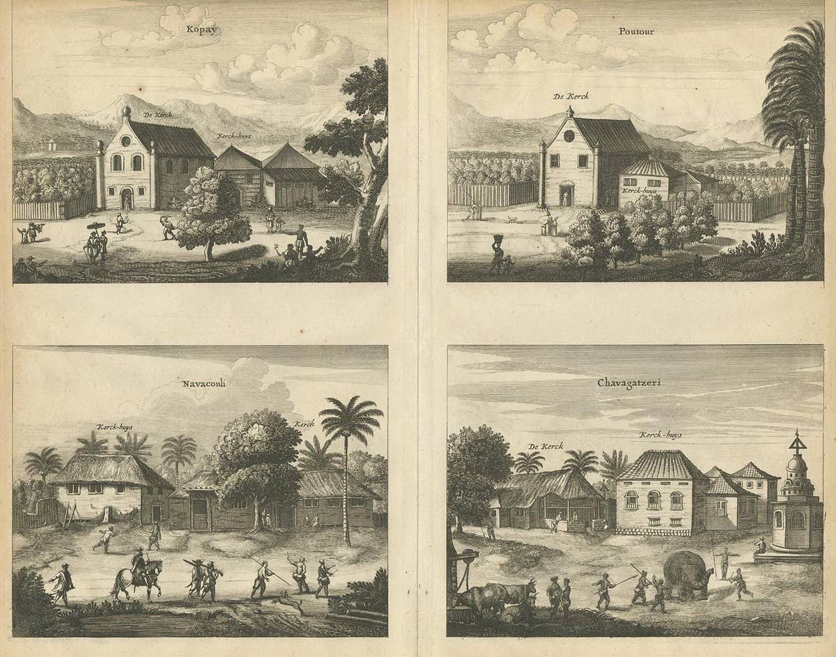 Antique Print of the Churches of Kopay, Poutour, Navacouli and Chavagatzeri