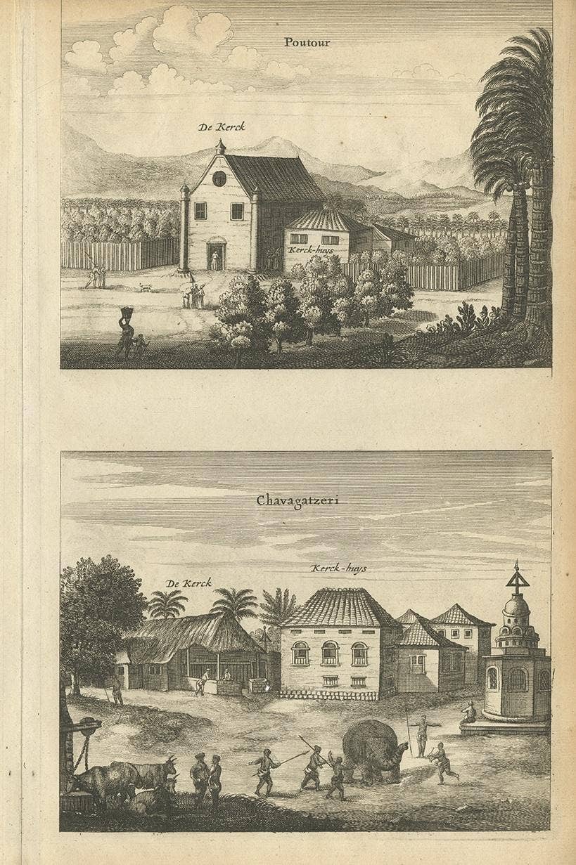 Antique Print of the Churches of Kopay, Poutour, Navacouli and Chavagatzeri