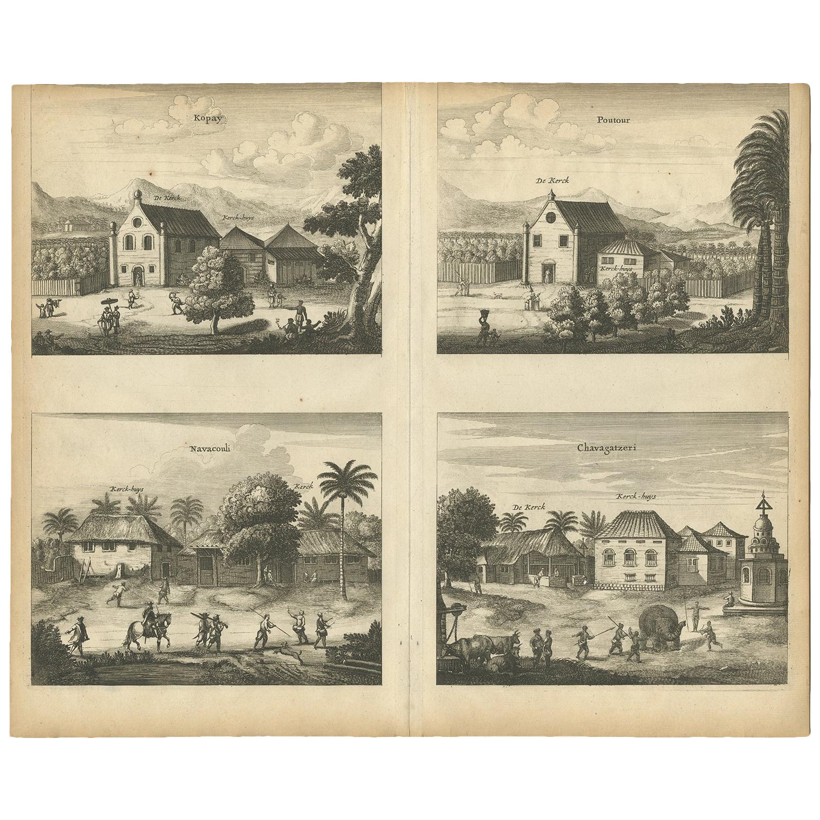 Antique Print of the Churches of Kopay, Poutour, Navacouli and Chavagatzeri For Sale