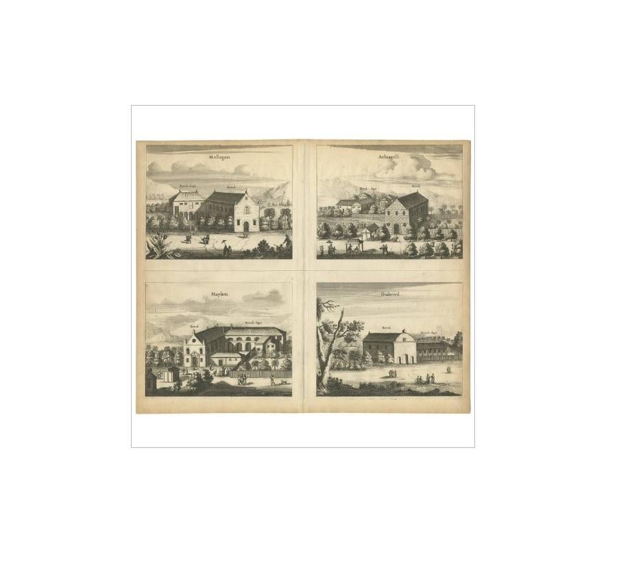 Antique print titled 'Mallagam / Achiavelli / Mayletti / Oudewil.' View of the churches of Mallagam, Achiavelli, Mayletti and Oudewil (Ceylon, Sri Lanka). This print originates from 'Naauwkeurige beschryvinge van Malabar en Choromandel', Amsterdam