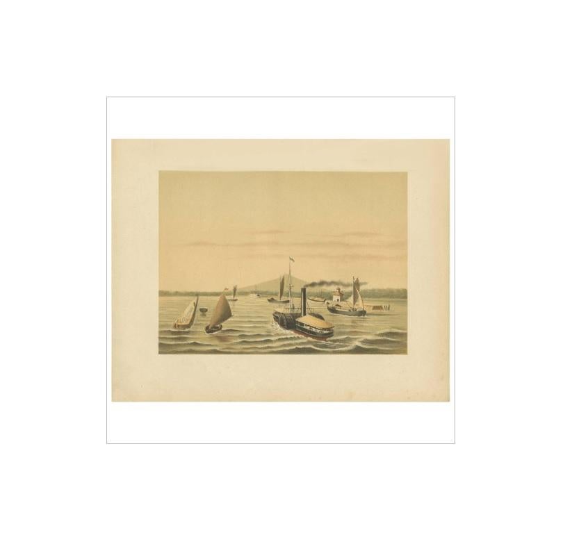 Grabado antiguo del barco de vapor de paletas Ciliwung de M.T.H. Perelaer, 1888 en Bueno estado para la venta en Langweer, NL