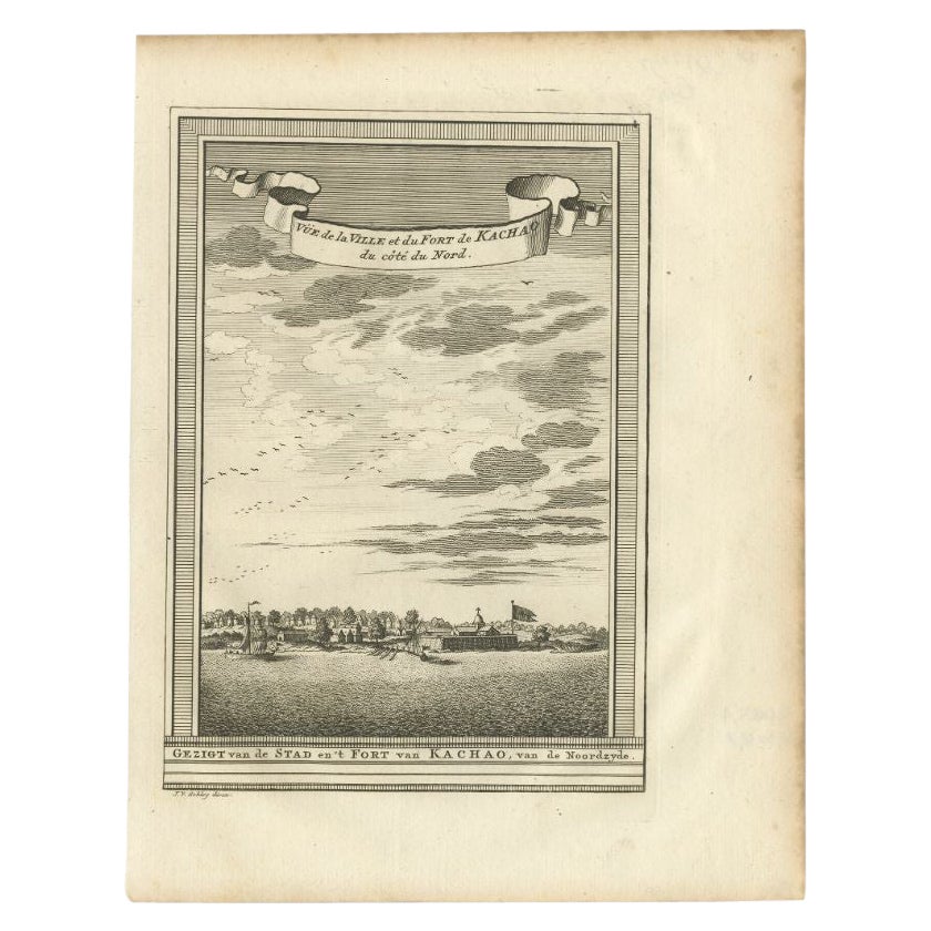 Antiker Druck der Stadt und Festung Kachao in Guinea Bissau, Afrika, 1747