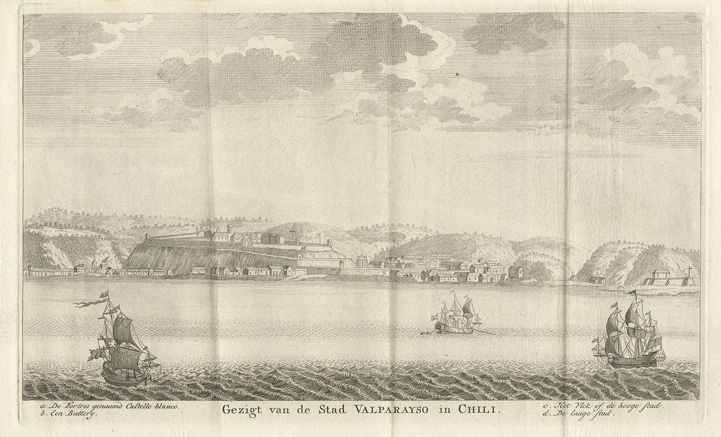 Antique print titled 'Gezigt van de Stad Valparayso in Chili'. Detailed view of the city and port of Valparaíso, Chile. With Dutch key. As indicated by the presence of the fort and battery, Valparaíso was a fortified town on the Chilean coast, one