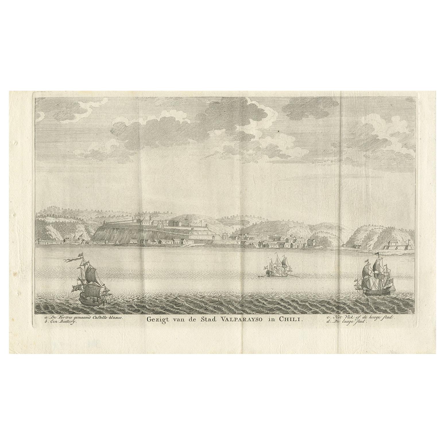 Impression ancienne de la ville et du port de Valparaíso:: Chili par Tirion '1767' en vente