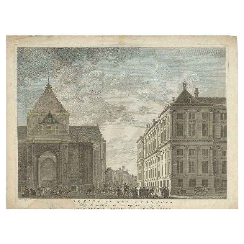 Antiker Druck des Rathauses und der Kirche Amsterdam von Tirion, 1766 im Angebot