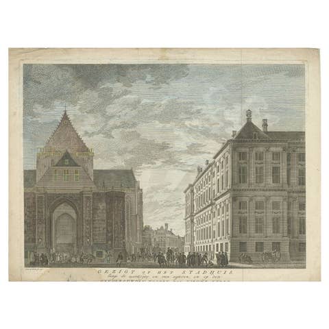 Antique Print of the City Hall and Church of Amsterdam by Tirion, 1766
