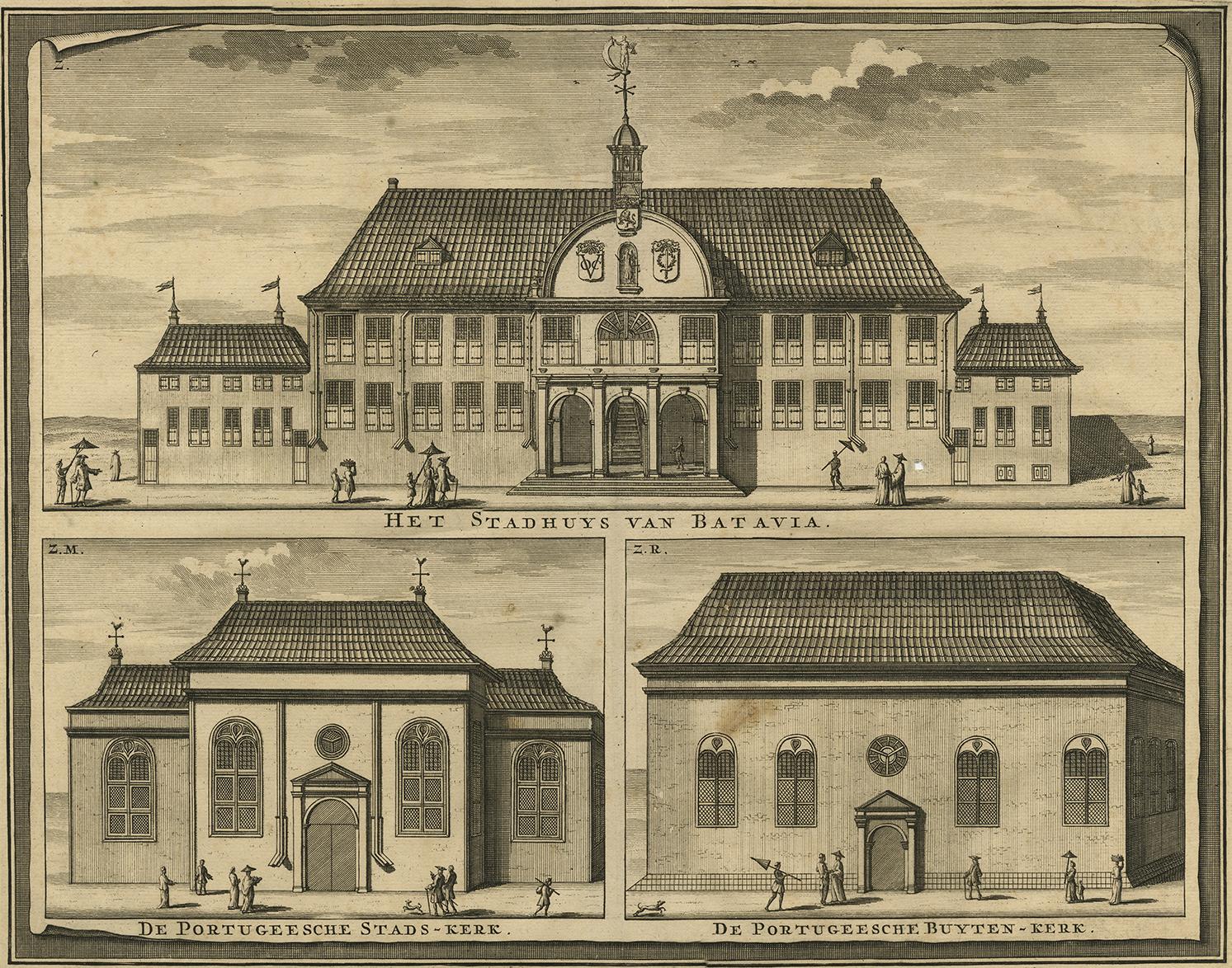 Antique print titled 'Het Stadhuys van Batavia'. Original antique print with views of three important buildings in Batavia (Jakarta), Indonesia. Includes views of the city hall and Portugese church. This print originates from 'Oud en Nieuw