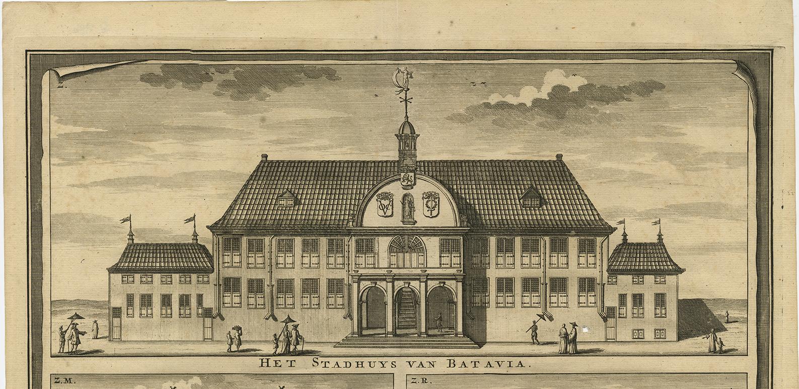 XVIIIe siècle Impression ancienne de l'hôtel de ville de Batavia « Indonésie » par F. Valentijn vers 1725 en vente