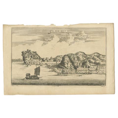 Antique Print of the City Hu Kew Hyen or Kyew on the River Kyang, China