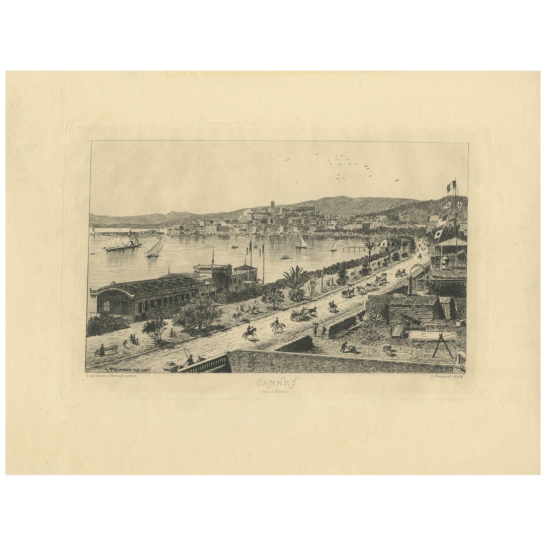 Antique Print of the City of Cannes by Fraipont, circa 1900 For Sale