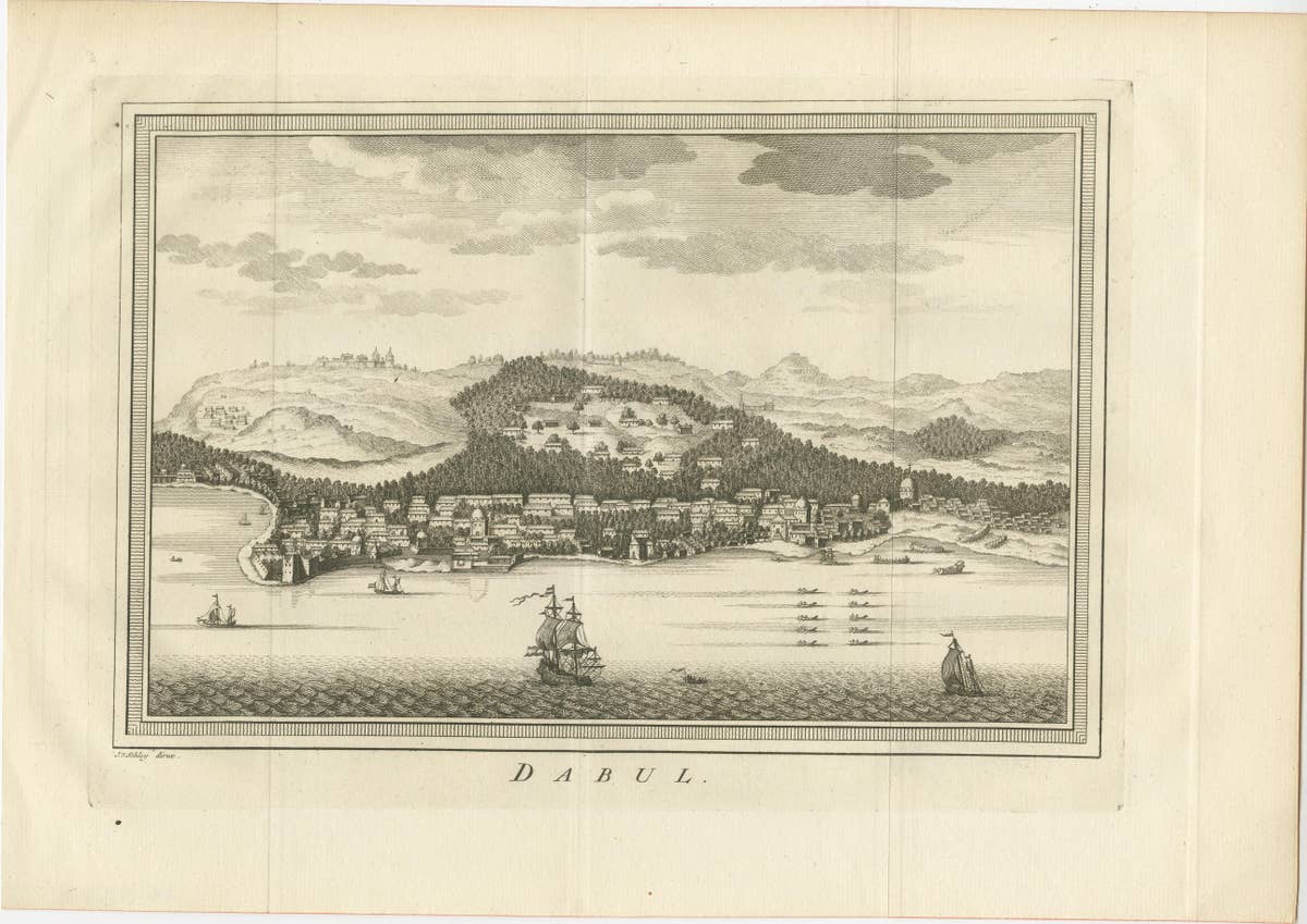Antique Print of the city of Dabhol, Dabul, India