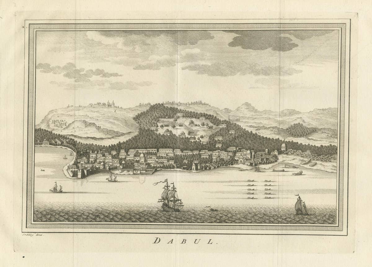 Antique Print of the city of Dabhol, Dabul, India