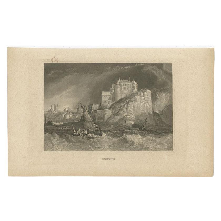 Grabado antiguo de la ciudad de Dieppe, Normandía en Francia, 1833
