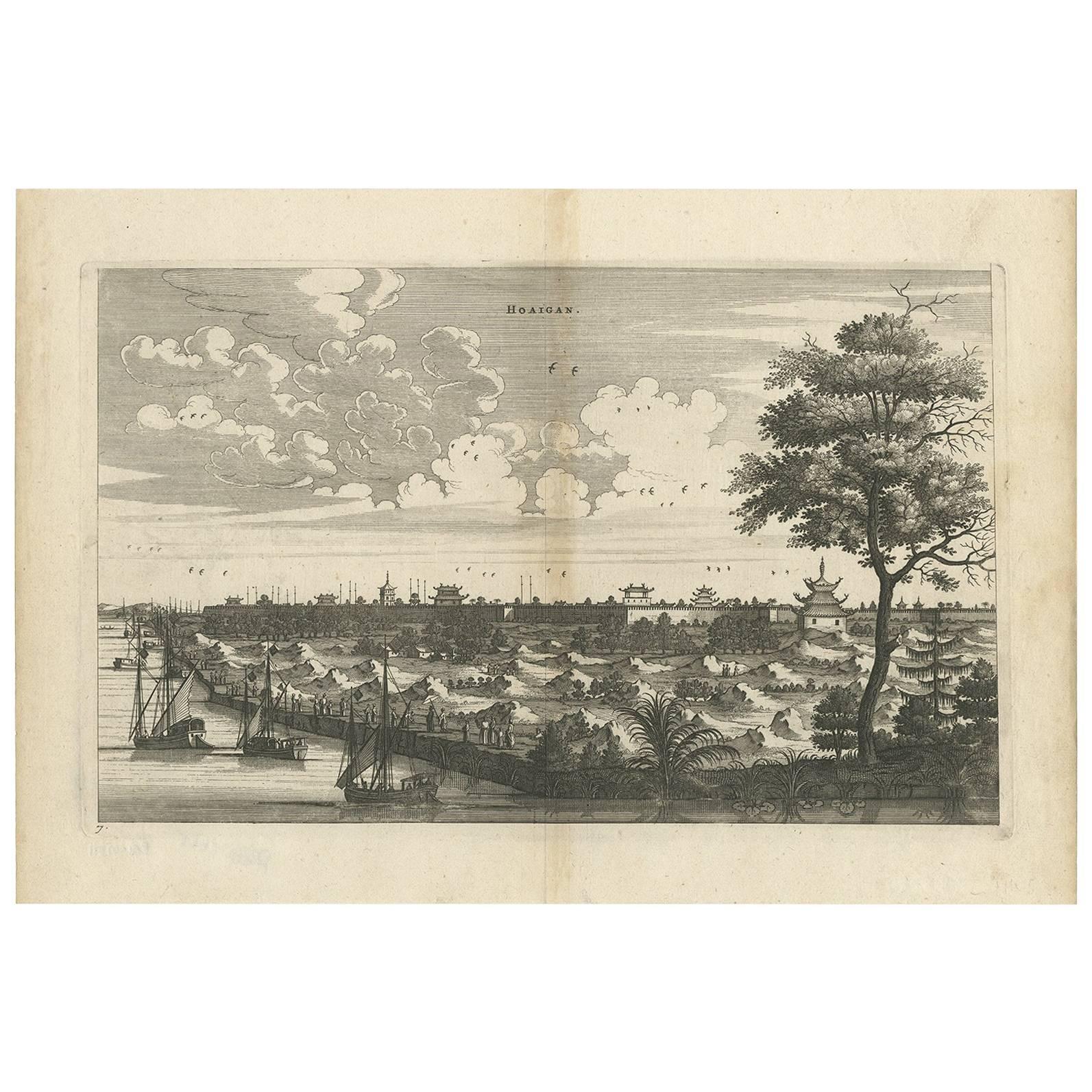 Stampa antica della città di Hoaigan 'Cina' di J. Nieuhof, 1666