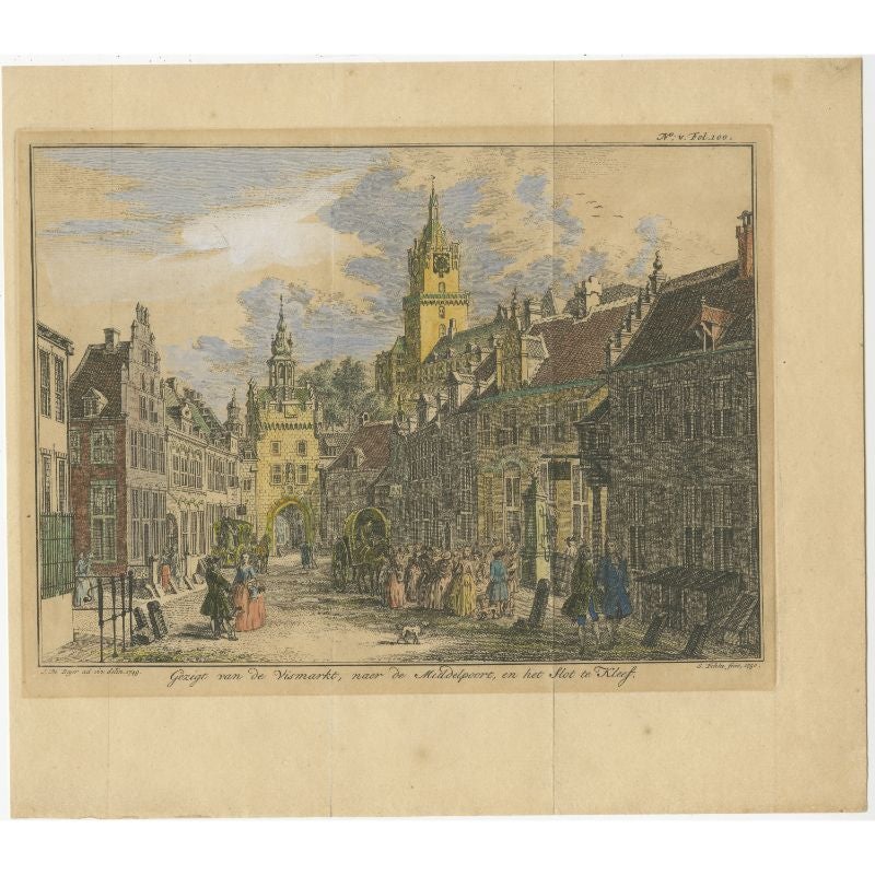 Grabado antiguo titulado 'Gezigt van de Vismarkt, naer de Middelpoort, en het Slot te Kleef'. Vista de la ciudad de Kleve, con el castillo de Schwanenburg. Este grabado procede de 