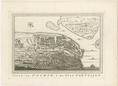 Stampa antica della città di Kochi, Cochin, Costa di Malabar, India