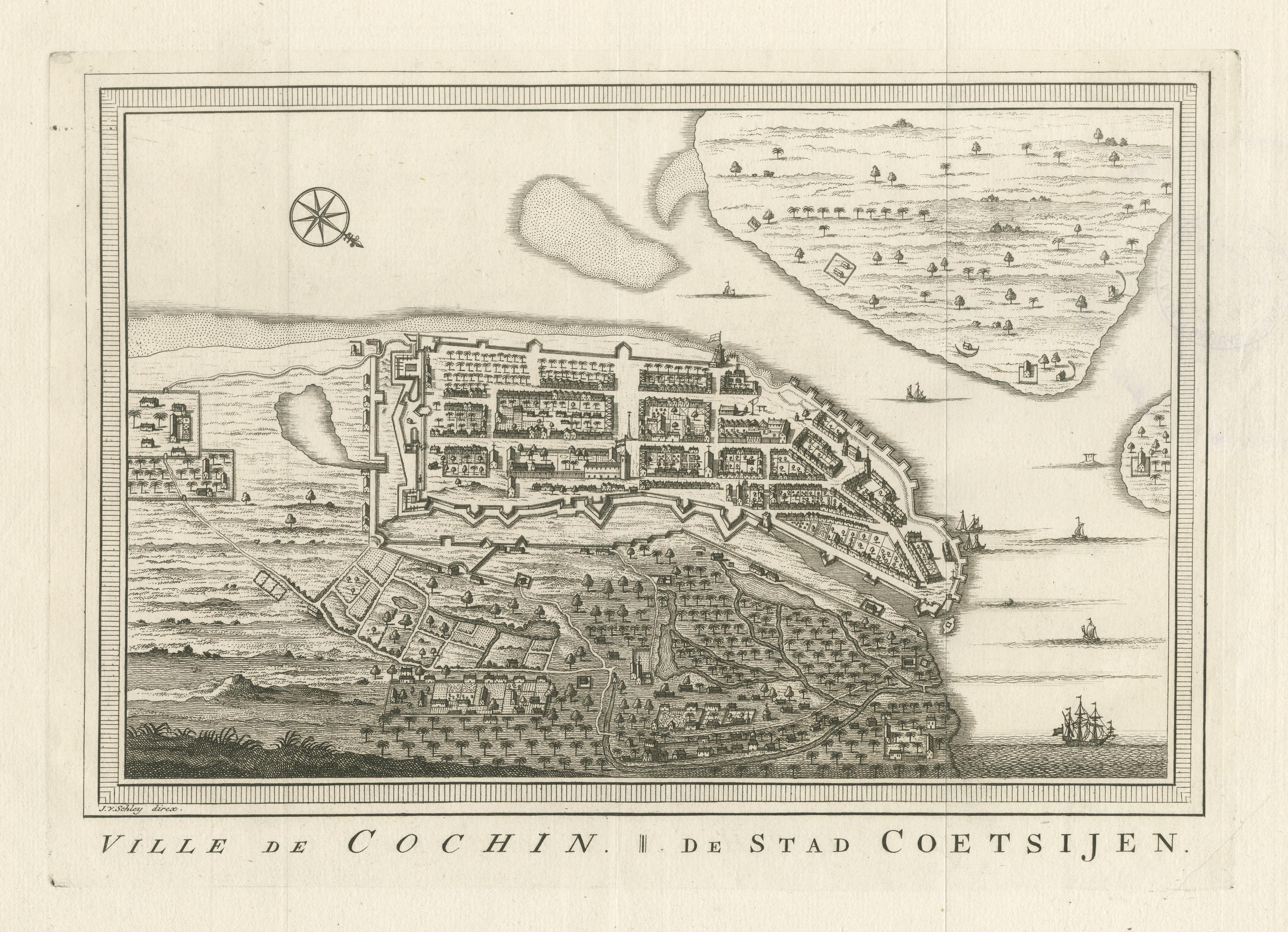 Antique Print of the City of Kochi, Cochin, Malabar Coast, India In Good Condition For Sale In Langweer, NL