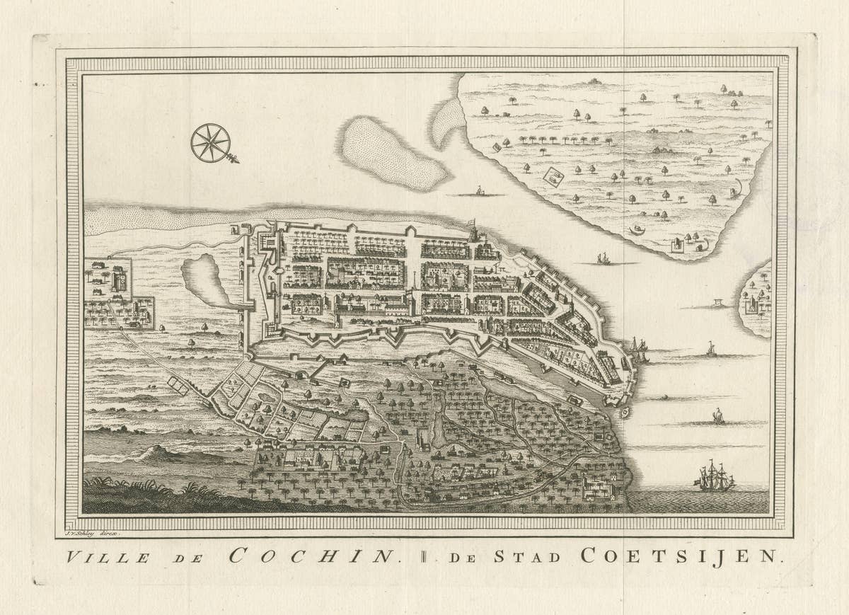 Antique Print of the City of Kochi, Cochin, Malabar Coast, India