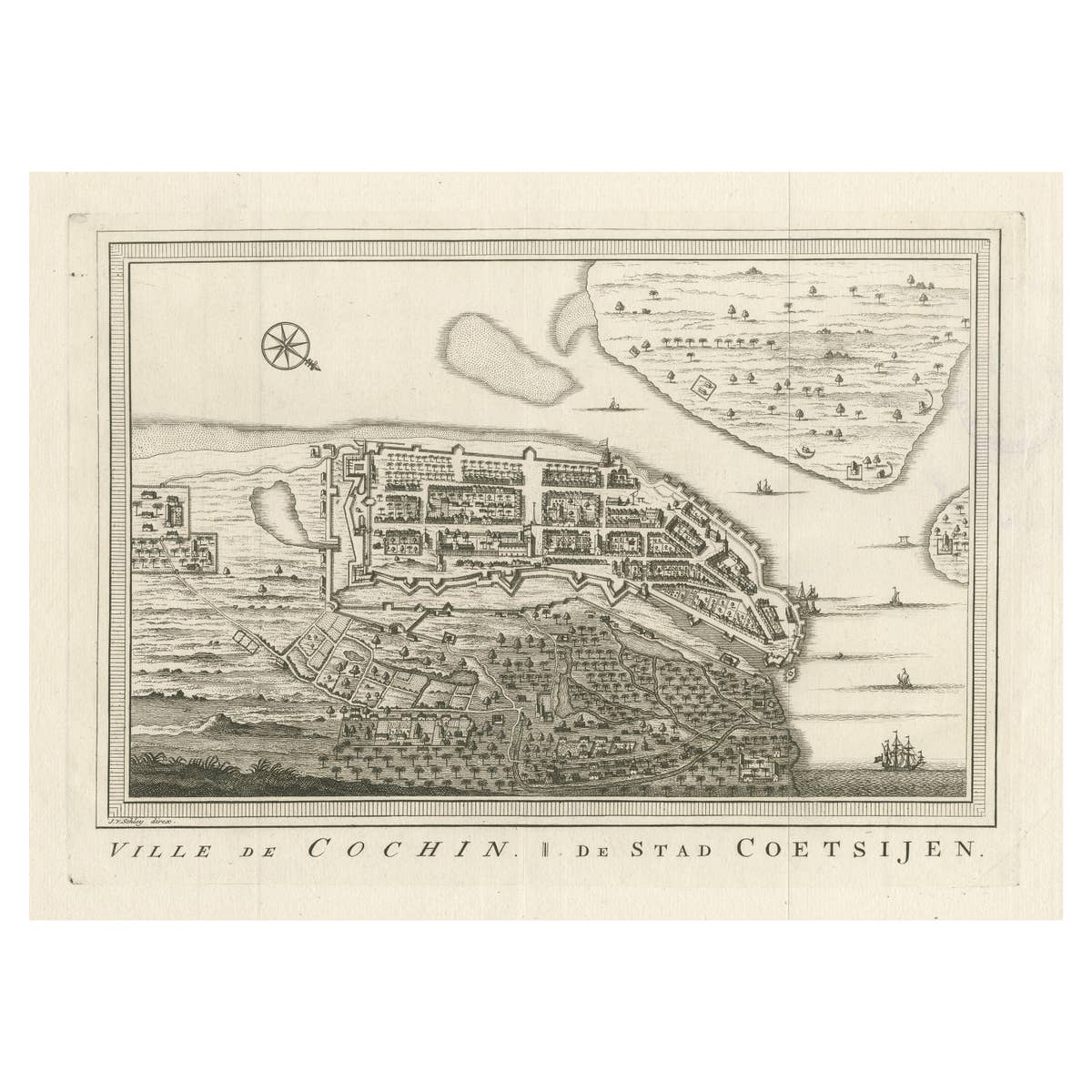 Antique Print of the City of Kochi, Cochin, Malabar Coast, India