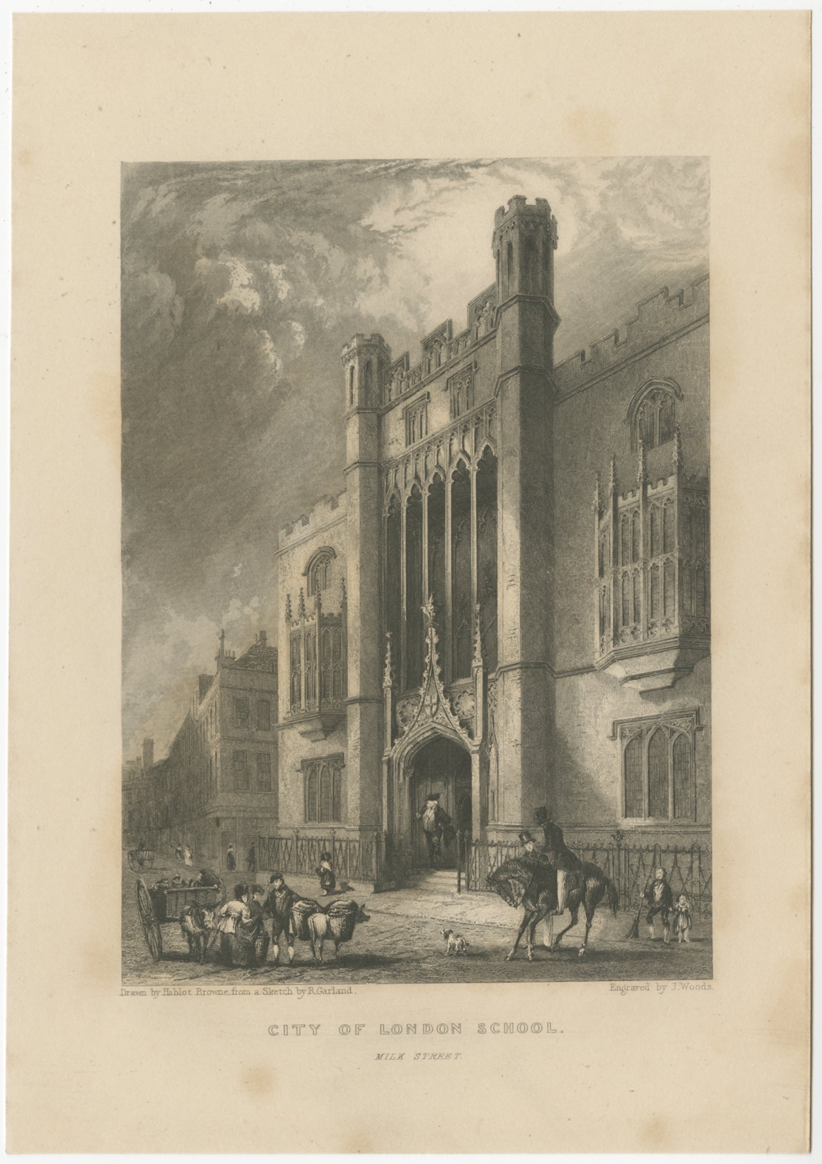 Antique print titled 'City of London School'. Steel engraved view of the City of London School, London, England. Source unknown, to be determined.

Artists and Engravers: Engraved by Woods after Browne. 

Condition: Good, general age-related