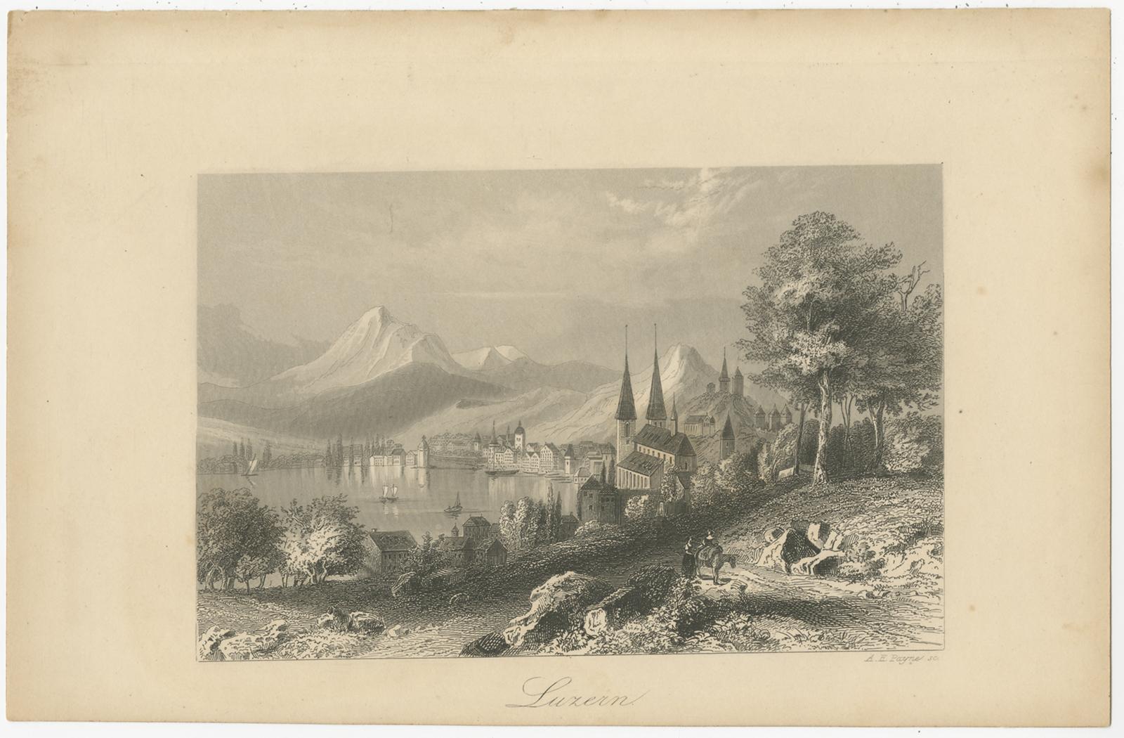 Antique print titled 'Luzern'. View of the city of Lucerne or Luzern, Switzerland. Engraved by A.H. Payne, published circa 1850.