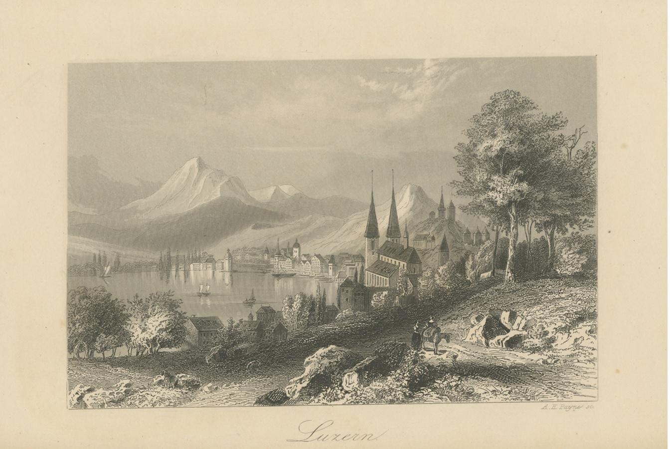 Antique Print of the City of Lucerne, Schwitzerland In Fair Condition For Sale In Langweer, NL