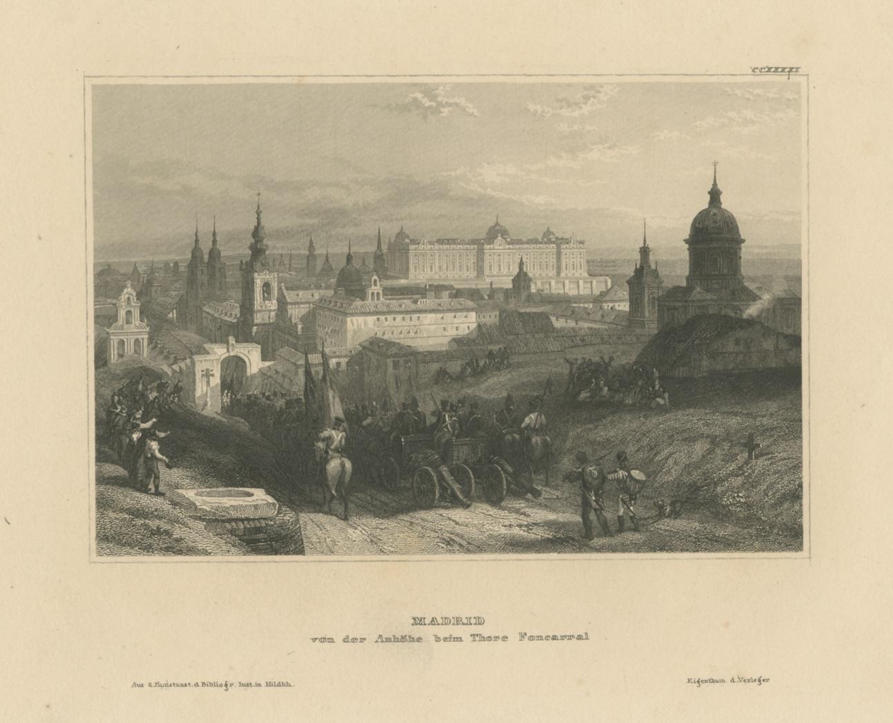Antique Print of the City of Madrid, seen from Calle Fuencarral, Spain In Fair Condition For Sale In Langweer, NL