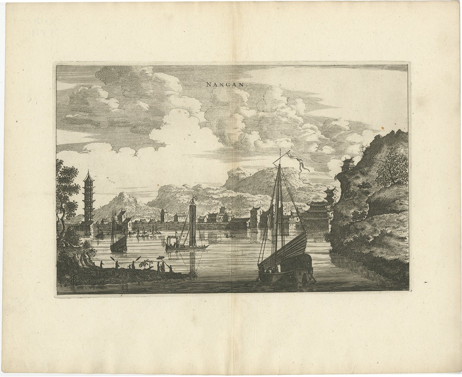 Antique print China titled 'Nangan'. Old print depicting a view on the city of Nangan with its ramparts and a Pagoda. This print originates from the Latin edition of Nieuhof's work titled 'Legatio batavica ad magnum Tartariæ chamum Sungteium