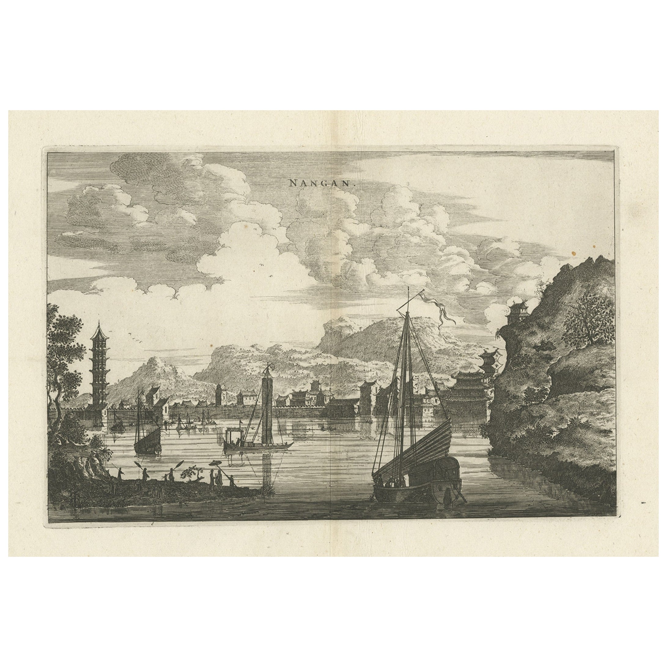 Impression ancienne de la ville de Nangan à Fujian, en Chine, 1668